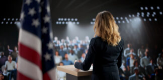 Woman giving speech about Brexit issue