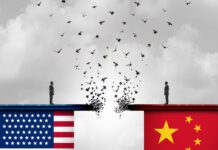 China US conflict and USA or United States trade and American tariffs conflict with two opposing trading partners as an economic import and exports dispute