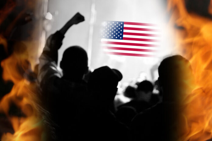 Crowd of passionate protesters gathered under the USA flag, expressing opposition to the Trump administration and defending democracy and the Constitution. Symbolic scene reflecting political tension Trump impeachment