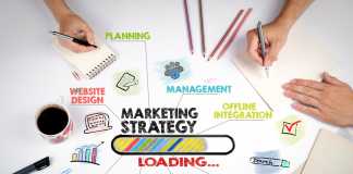 marketing strategy Concept. Chart with keywords and icons. The meeting at the white office table