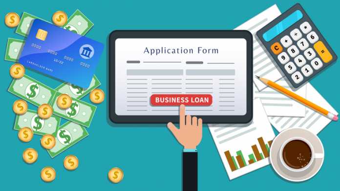 Small business bank mortgage loan or lending, online application form on flat tablet screen with hand click button isolated on desk with cash, credit card, calculator, cup of coffee, pencil, chart