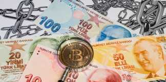Close up bitcoin coin with magnifying glass and turkish lira banknotes on background