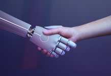 Use of Artificial Intelligence in the Banking World 2022 Robot handshake human background, futuristic digital age
