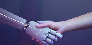 Robot handshake human background, futuristic digital age