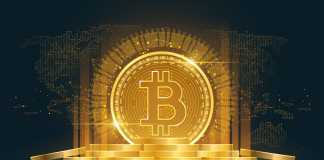 Bitcoin cryptocurrency with a pile of coins