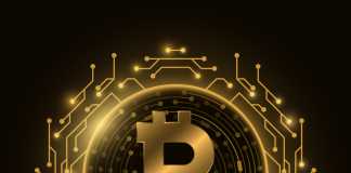Futuristic golden Bitcoin digital currency. Computer circuit board. Cryptocurrency mining. Sci-fi design blockchain for graphic design. Vector illustration.
