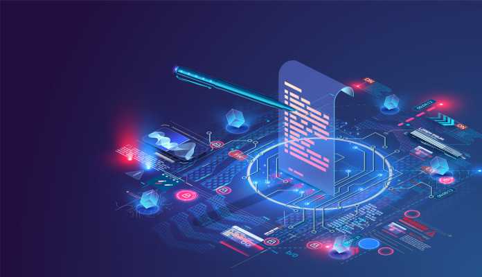 Digital smart contract, isometric icon concept of electronic signature, blockchain technology crypto. Online e-contract document. Can use for web banner. Vector illustration