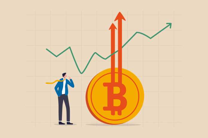 Bitcoin BTC price soaring sky high hit new high record concept, businessman investor look high at rising up arrows from Bitcoin symbol with green chart and graph.