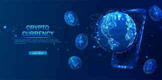 Bitcoinn. Electronic cryptocurrency and modern technology. Online banking, and financial communications. World wide web. Bitcoin cryptocurrency on a blue background.