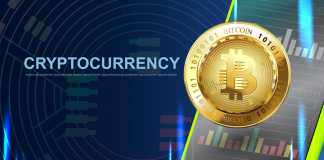 Crypto currency Bitcoin. Blue Background Digital Web Money Technology Banner With Copy Space. Vector Illustration