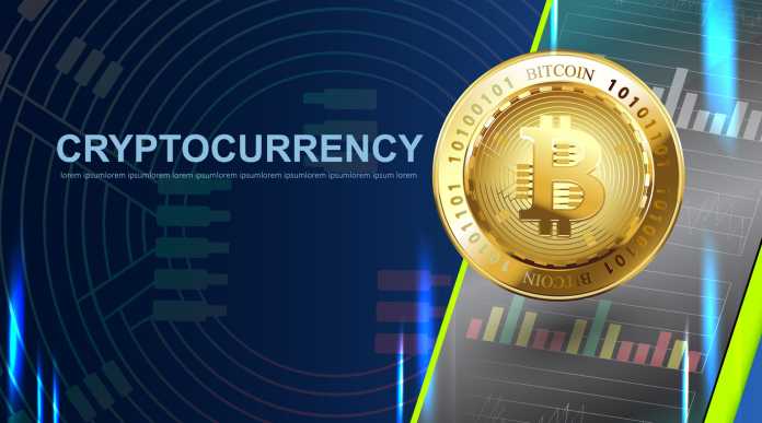 Crypto currency Bitcoin. Blue Background Digital Web Money Technology Banner With Copy Space. Vector Illustration