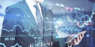 How We Can Invest Safe in Cryptocurrency? Investment business concept: businessman with smartphone and digital screen with financial chart graphs, candlestick, and diagram