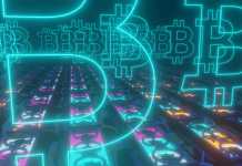 Set of graphic cards, neon glowing Bitcoin symbols - the concept of cryptocurrency mining, 3D rendering