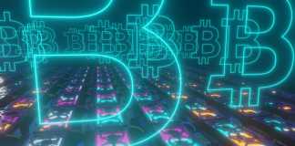 Complete Concept of Bitcoin Transactions Set of graphic cards, neon glowing Bitcoin symbols - the concept of cryptocurrency mining, 3D rendering