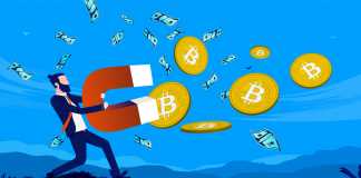 Getting rich on bitcoin - Businessman accumulate crypto currency with big magnet and money flying in air
