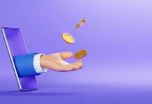 3d illustration. Cartoon character hand sticking out the smart phone screen, throws up golden coins to the air. Online business profit clip art isolated on violet background. Financial application