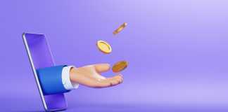 FLOW TOKEN: Everything You Need to Know About This 3d illustration. Cartoon character hand sticking out the smart phone screen, throws up golden coins to the air. Online business profit clip art isolated on violet background. Financial application