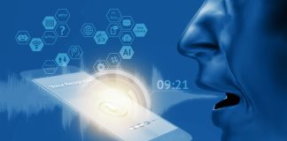 Voice recognition , speech detect and deep learning , chatbot technology concept. 3d rendering of man speak , application on mobile phone screen.