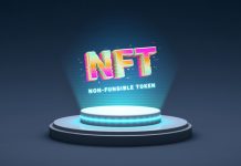 NFT and Its Influence on the Finance Sector of Dubai NFT non fungible token, crypto art in 3D rendering illustration. Platform showing NFT crypto art hologram. Virtual art and galleries using blockchain technology concept