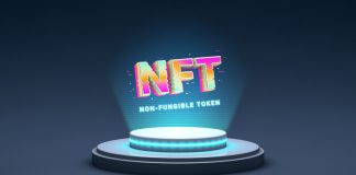 NFT and Its Influence on the Finance Sector of Dubai NFT non fungible token, crypto art in 3D rendering illustration. Platform showing NFT crypto art hologram. Virtual art and galleries using blockchain technology concept