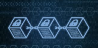 How Does Blockchain Help in Digital Transformation? Blocks with locks on dark blue background. Future innovation, blockchain technology, token money