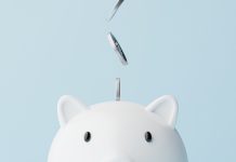 Save money and investment concept. Closeup piggy bank and silver coins falling. 3d rendering illustration