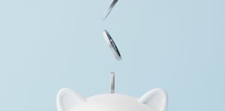 Save money and investment concept. Closeup piggy bank and silver coins falling. 3d rendering illustration