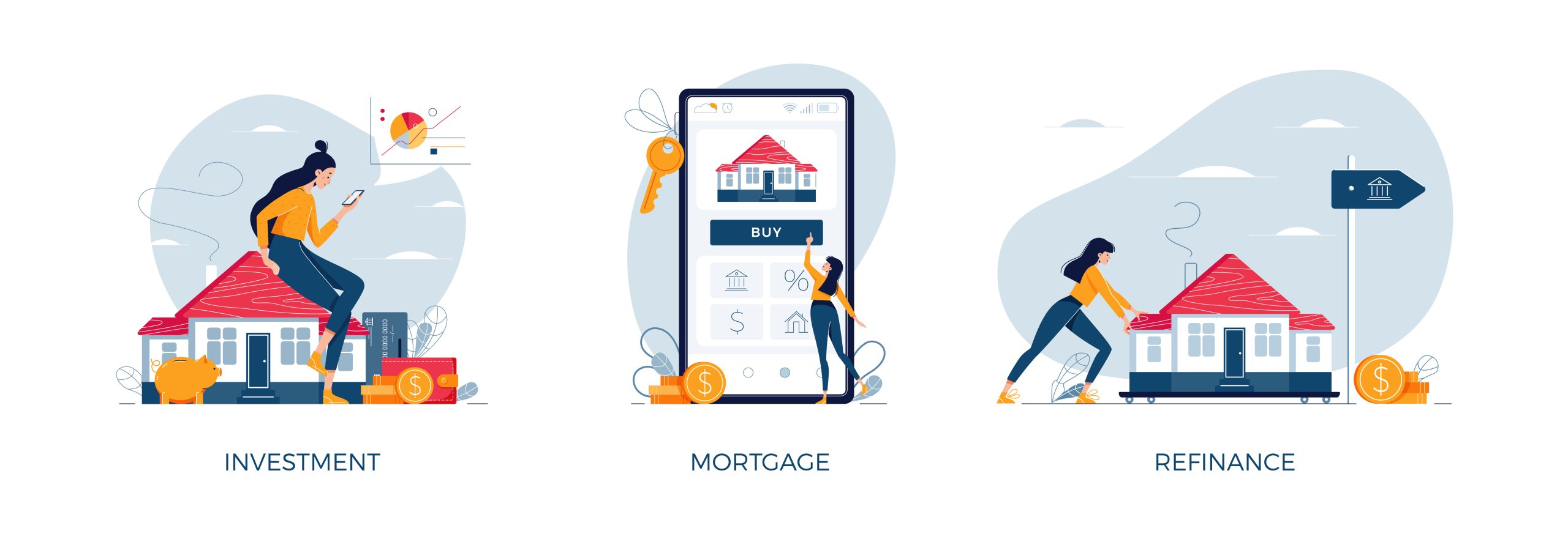 Property banners set. House-buying, mortgage refinancing, real estate investment. Invest in house, property purchase, loan refinance concepts collection for web design.Modern flat vector illustration