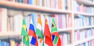 BRICS economy and policies concept : Flags of BRICS or group of five major emerging national economy i.e Brazil, Russia, India, China, South Africa. BRICS members are all leading developing countries.