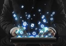 Business man working in office and icons appearing