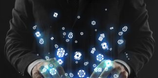 Business man working in office and icons appearing