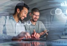 Information technology, laptop hologram and people stock market research, statistics and graph or chart analysis. Trading, digital overlay or software of teamwork men fintech data analytics at night