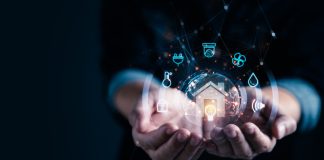 User holding virtual application and icons as house remote control assistant