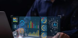 Analyst working with computer in Business Analytics and Data Management System with KPI and metrics connected to the database for technology finance, operations, sales, marketing. Data analysis.Ai