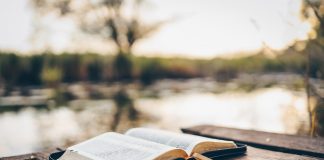 Open Bible on a wooden board near the river.