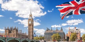 flag of England against blue sky in London
