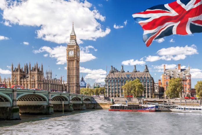 flag of England against blue sky in London