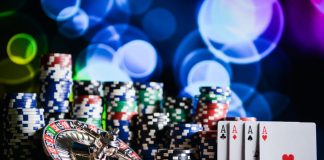 casino roulette, playing chips and card