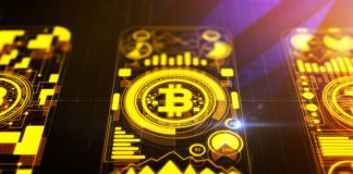 Creative glowing bitcoin background. Cryptocurrency and trade concept. 3D Rendering