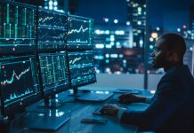 Financial Analyst Working on Computer with Multi-Monitor Workstation with Real-Time Stocks