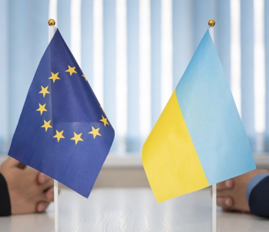 Political flags of Ukraine and European Union