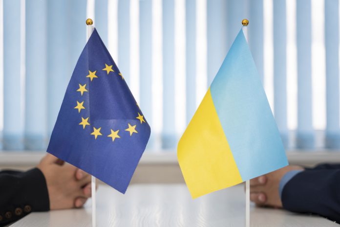 Political flags of Ukraine and European Union