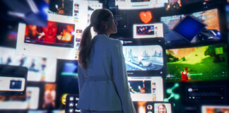 Woman Looking at Cyberspace Internet Interface Browsing Web Content