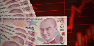 Finance Concept-200 Turkish Liras Bills Over Red Bar Graph