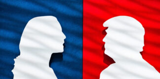 Papercut Silhouettes of Kamala Harris and Donald Trump in Red and Blue