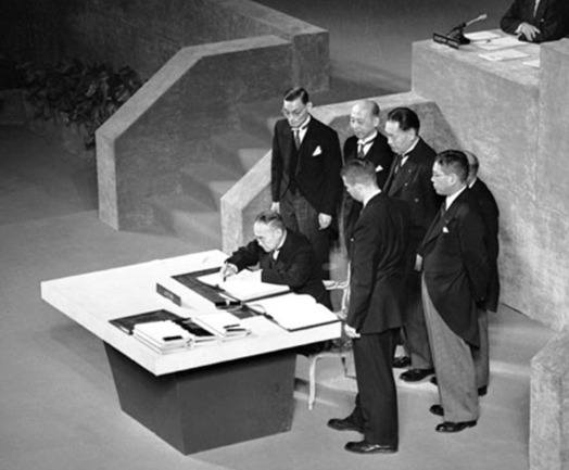 Shigeru Yoshida, Prime Minister of Japan signing the San Francisco Peace Treaty 