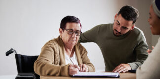 Legal, contract or senior woman signature for disability compensation