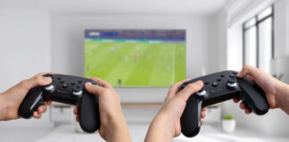 Soccer gaming fun on a big screen as two players use gamepads.