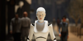 Humanoid AI robot crossing street.