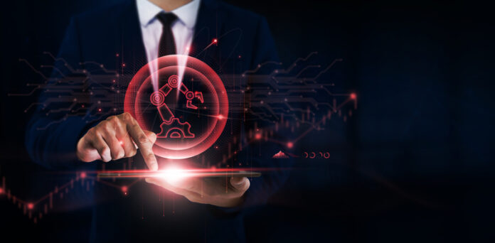Automation, Efficiency, Businessman Uses Tablet and Digital Networking Interface on Automation Icon on Streamlining Processes, Enhancing Operations Automation, Efficiency, Businessman Uses Tablet and Digital Networking Interface on Automation Icon on Streamlining Processes, Enhancing Operations